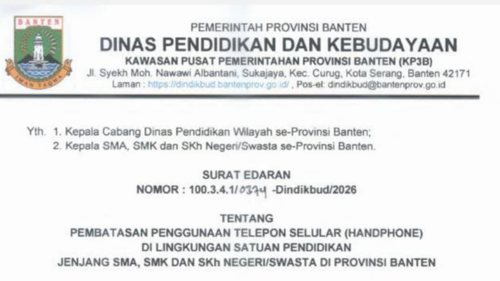 Tangkap Layar Surata Edaran Dindikbud Banten Perihal Pembatasan Penggunaan Handphone di Lingkungan Sekolah